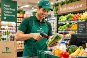 Grocery store worker scanning products